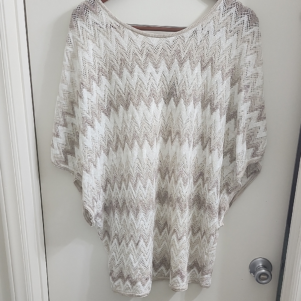 White House Black Market Chevron Knit Poncho - Cream and Brown